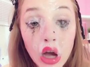 Sloppy deepthroat spit drool covered wrecked face throat bulge 15/16