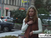 Busty blonde teen seduces him in a white dress