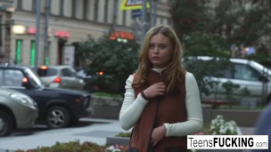 Busty blonde teen seduces him in a white dress