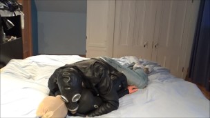 leather jacketed guy in white socks and jeans cum on his pantyhosed dummy