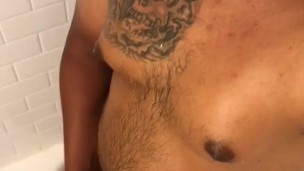 Young dad in the shower jerking off