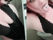 Tattooed light skinned woman with big tits playing in lingerie in bathroom