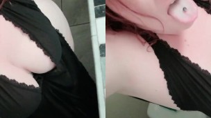 Tattooed light skinned woman with big tits playing in lingerie in bathroom