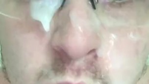 After the Shot | Big Sticky Glasses Facial. Thick Dripping Cum ; p