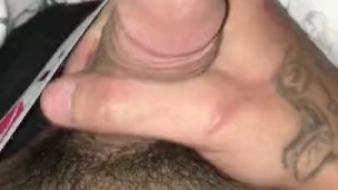 My husband stroking his fat cock for me