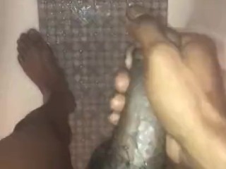 Semi hard BBC stroking in shower