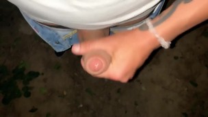 Horny sweaty twink jerks off while friends are camping near