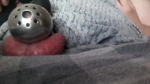 Cumming in chastity cage with a vibrator and eating the mess