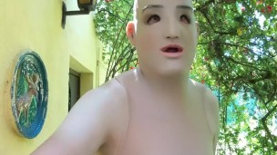 Siliconedoll naked outside in public area