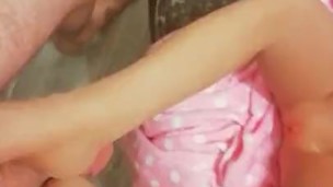 Footjob doll with massive cumshot on tits
