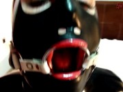 INTRO-Black latex slut with ring gag deepthroated cock, dildo & fucked hard