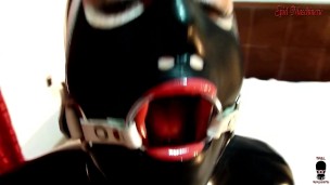 INTRO-Black latex slut with ring gag deepthroated cock, dildo & fucked hard