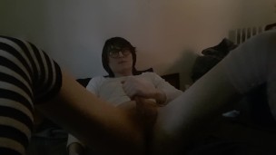 Skinny cute trans femme has twitching orgasm