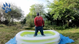 Baggy Pup cooling down in pool (with sneakers and cumshot)