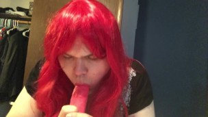 Sissy crossdresser sucks her cum off a dildo for daddy!