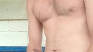 cumshot in the garden shed
