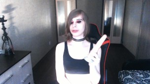 Hot young shemale masturbate on chair and fucks her ass