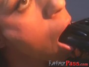 Lesbian babe submits her pussy to latex dominatrix 6/16
