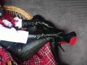 Redhead femboy sissy in leather clothes and high heels do anal