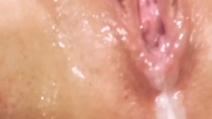 Pushing out a big creampie