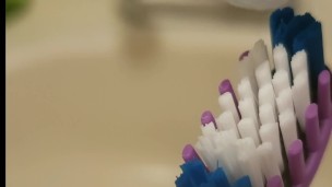 GanjaGoddess69 brushes her teeth and her hairy pussy teal hair object fuck