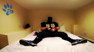 FootballPup pawing in hotel - squirting on Nike Flightposite