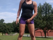 Sporty tan blonde public piss