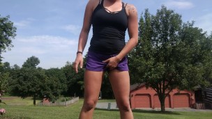 Sporty tan blonde public piss