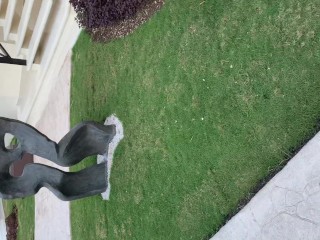 POV walking in platform high heels and tiny purple g-string