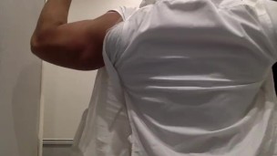 Ripping my white shirt while flexing my big muscle pecs and biceps