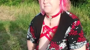 Sugar playing with her breasts in a field, almost gets caught!