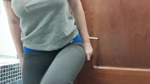 Pee desperation in yoga pants ending up big puddle on the floor