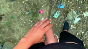 Glossy glans with precum cums at the cruising sex area