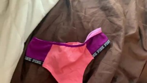 Stroking my big cock and cumming on panties