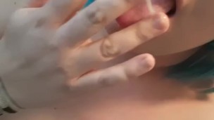 blue hair trans girl eats her own cum