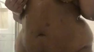Ebony BBW Plays with Pussy and Tits in the Shower