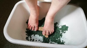 Fun with green foam and dildo