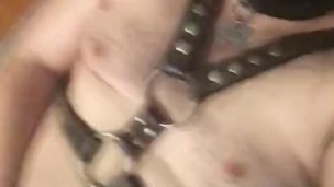 Leather slut cumshot, eats cum