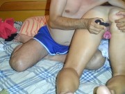 Man puts strapon, dildo and fingers in pussy and ass, then she has orgasm. 7/16