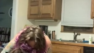 Curvy milf with a strap on gets sub to suck her cock and call her daddy