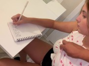 Brother fucks his stepsister while doing homework and cums in her mouth