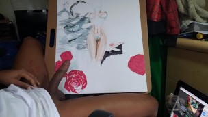 cumming while doing art