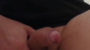 Quick stroke, uncircumcised cock with shaved balls, cumshot at the end