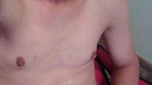 Transgal Topless Post-Orgasm Cumeating in Chair with Pants Down