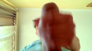 Teen with thick cock and bouncing balls cums in a cup and drinks own cum