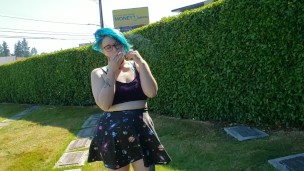 Seattle Ganja Goddess has a smoke and flashes in a cemetary PUBLIC PAWG Halloween goth alternative 