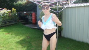 Hanging My Knickers Outside To Dry In Black Thong And Blue Sexy Sports Bra