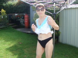 Hanging My Knickers Outside To Dry In Black Thong And Blue Sexy Sports Bra