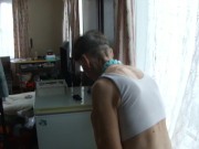 Cleaning Cat Litter In Pink Thong, White Sports Bra...Sexy Back, Slim Legs