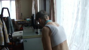 Cleaning Cat Litter In Pink Thong, White Sports Bra...Sexy Back, Slim Legs